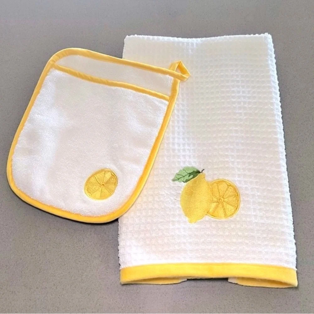 LA PATISSERIE Lemon Kitchen Towel Pot Holder Set Turkish Cotton Waffle White 2Pc